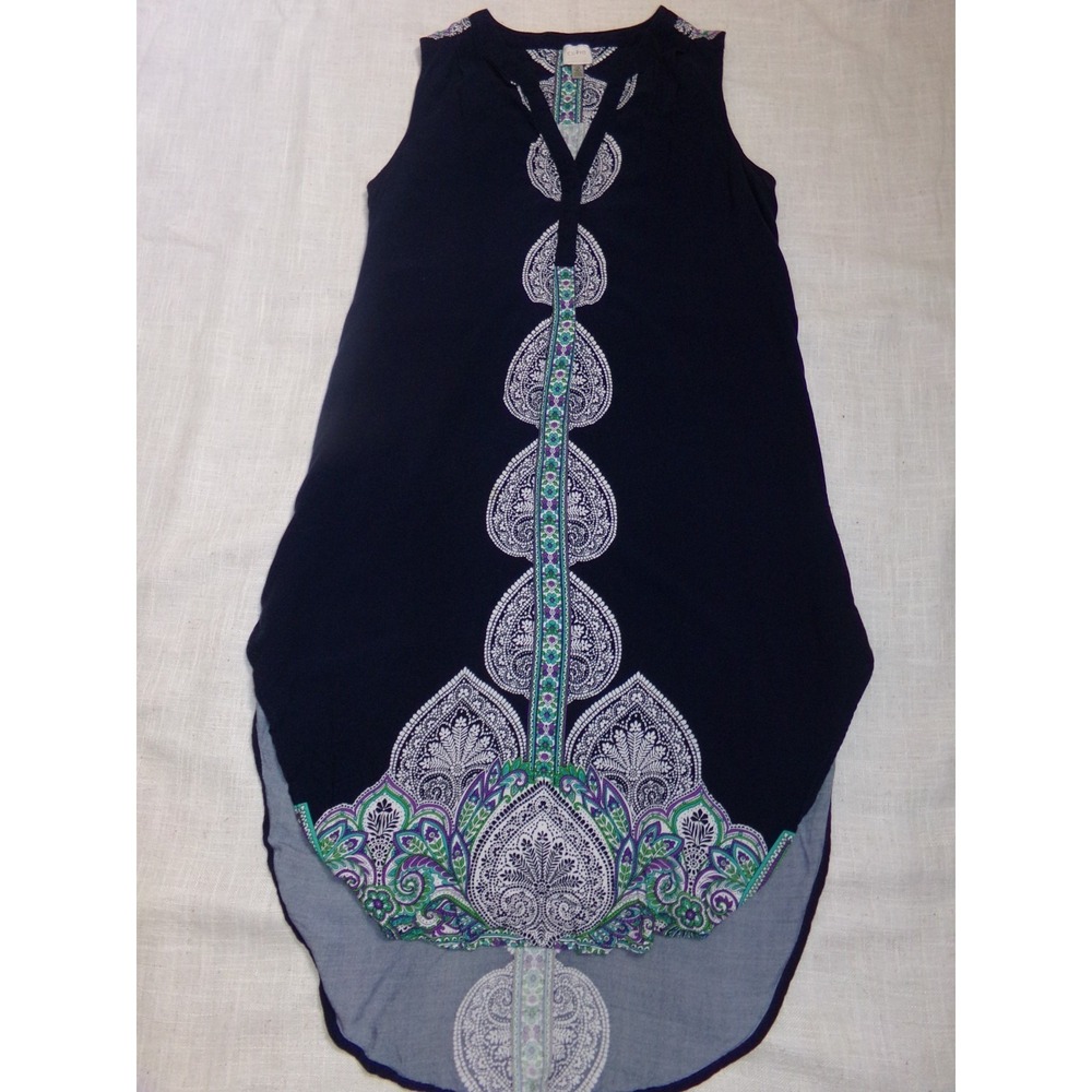 Cupio Sleeveless Blue With Floral Tunic Dress High Low Hem Boho Hippie Large
